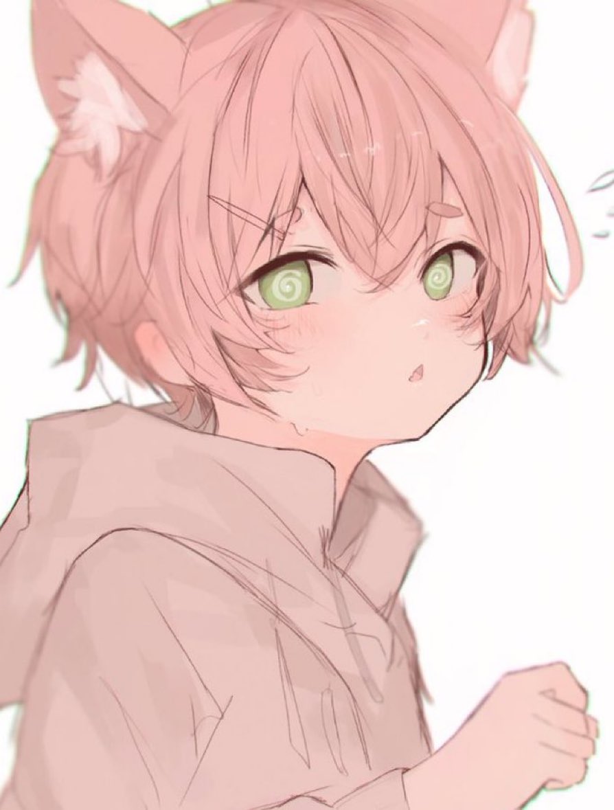 animal ears 1boy male focus green eyes hood pink hair hoodie  illustration images