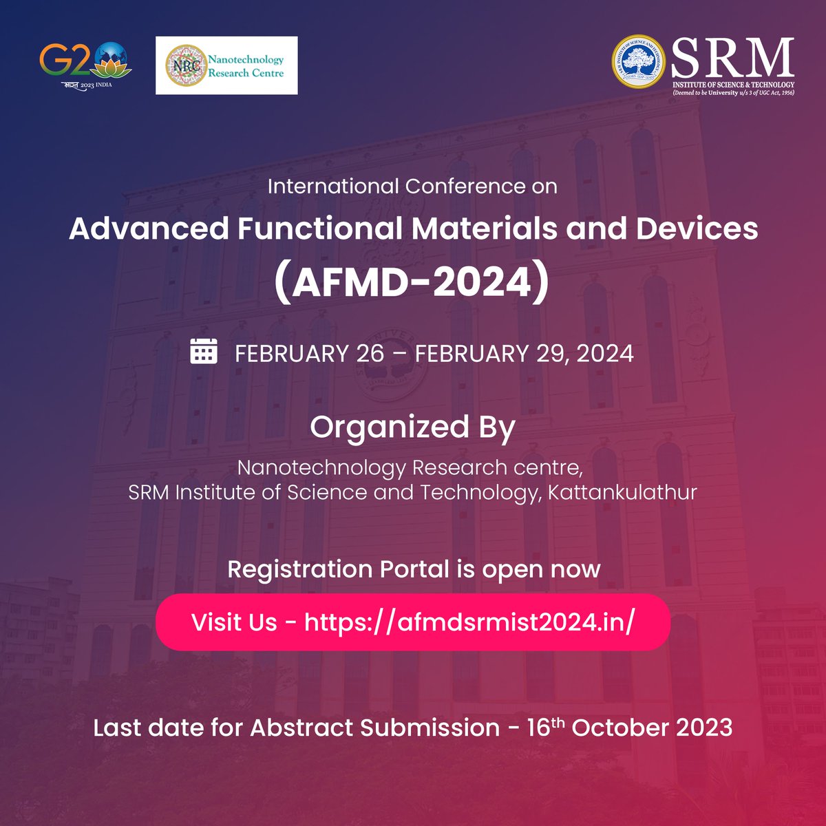 SRM_Univ's tweet photo. Nanotechnology Research Center  organizes the “International Conference on Advanced Functional Materials and Devices-2024 (AFMD-2024)” on February 26 – 29, 2024. 

For more details https://t.co/c6fgJckNiV 

#SRMIST #internationalconference #AFMD #research https://t.co/A8c5U2B9AZ