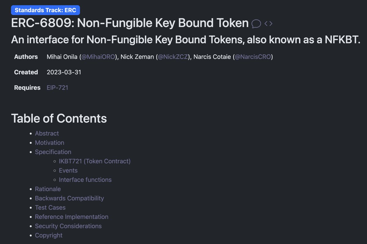 Finalized Non-Fungible Key Bound Token standard documentation, ERC-6809, taken from the Ethereum Organization's official website.