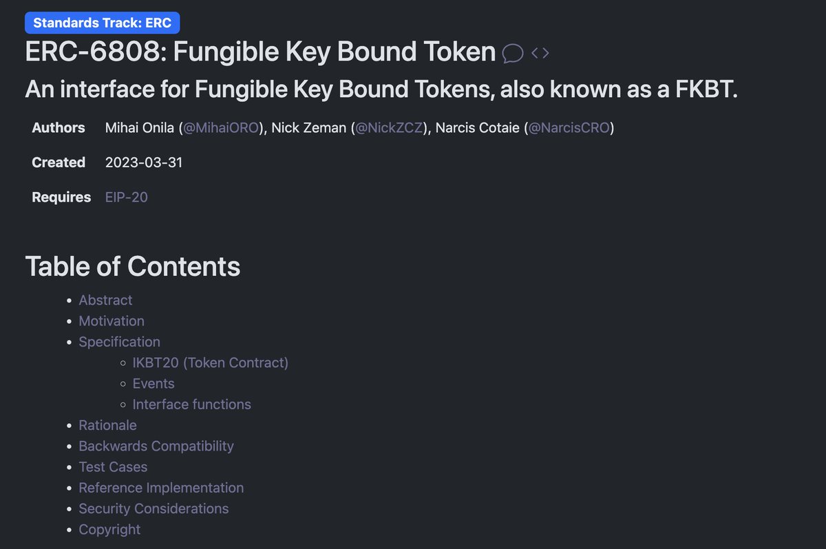 Finalized Fungible Key Bound Token standard documentation, ERC-6809, taken from the Ethereum Organization's official website.