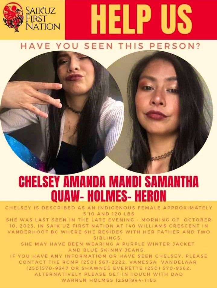 ATTN:‼️#CityOfPG #NorthernBC #FSJ #Vanderhoof #YXS #SaikuzFirstNation #StoneyCreek #MMIWG #PrinceGeorge #MissingIndigenousWoman #Highway16

🆘missing woman CHELSEY HERON last seen near vanderhoof/125km west of PG along the #HighwayOfTears - she has NO phone on her. plz share!🆘