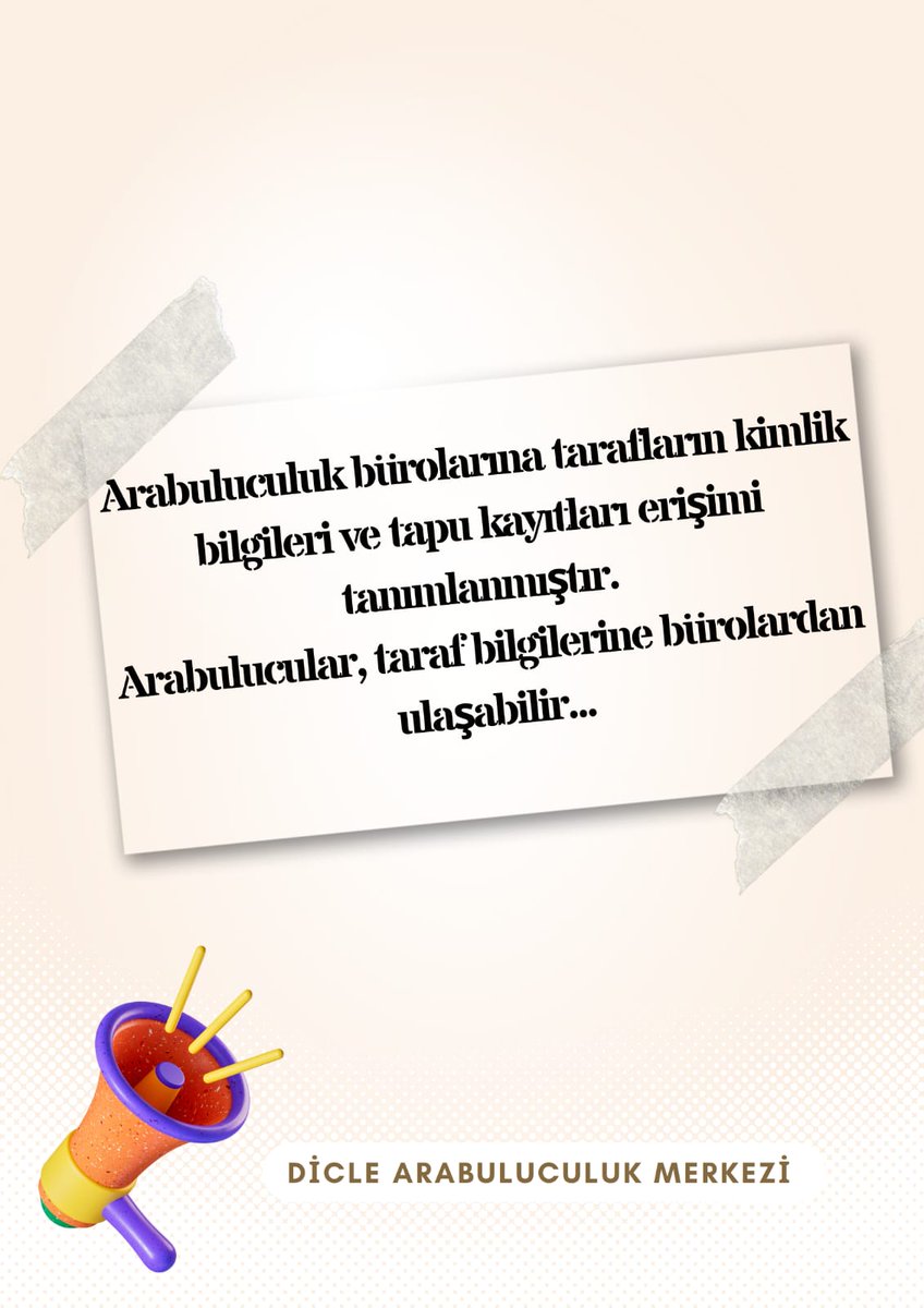 Tarafların kimlik bilgileri ve tapu kayıtlarına Arabuluculuk Büroları aracılığıyla  ulaşabilirsiniz.

@Arabuluculuk_

#diclearabuluculukmerkezi #deneyimlikadro #diyarbakir #arabulucu