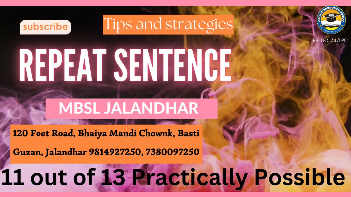 PTE academic Repeat sentence. How to get 11 out of 13 to know this smart secret watch the video. youtu.be/Qv4Ah0LoY-U 

#ptevideos #ptelistening #ptekarbefikar #mbsljalandhar #PTErepeatsentences #ptespeaking #pteindia