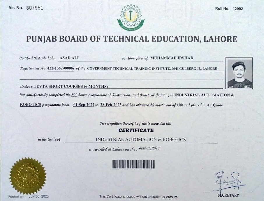 asadali_janjua's tweet photo. Alhamdulillah!
Got my certificate of the 6 months intensive course of Industrial Automation and Robotics from GTTI @punjab_tevta under @china_Government
#NAVTTC #certification #Skills #KamyabJawan #PITAC #GTTI #TMVTC #pakistan
#lubanworkshop #china #Tianjin #etilm #tevtapunjab https://t.co/NhlqnZaGAw