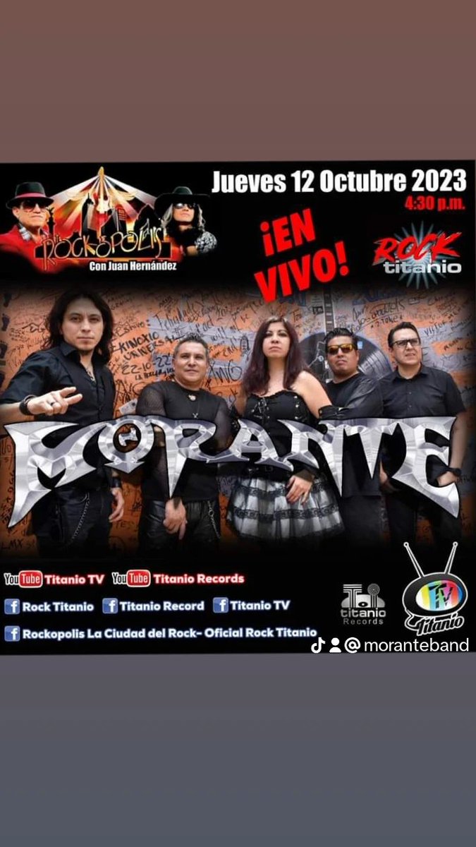 moranteoficial's tweet photo. Morante en #Rockopolis, la Ciudad del Rock, mañana a las 4:30 pm.
No te pierdas el programa y no olvides compartir la transmisión en vivo.
#TitanioTV #rock #musical #RockTitanio #titaniorecords https://t.co/kPzbGaIyLm