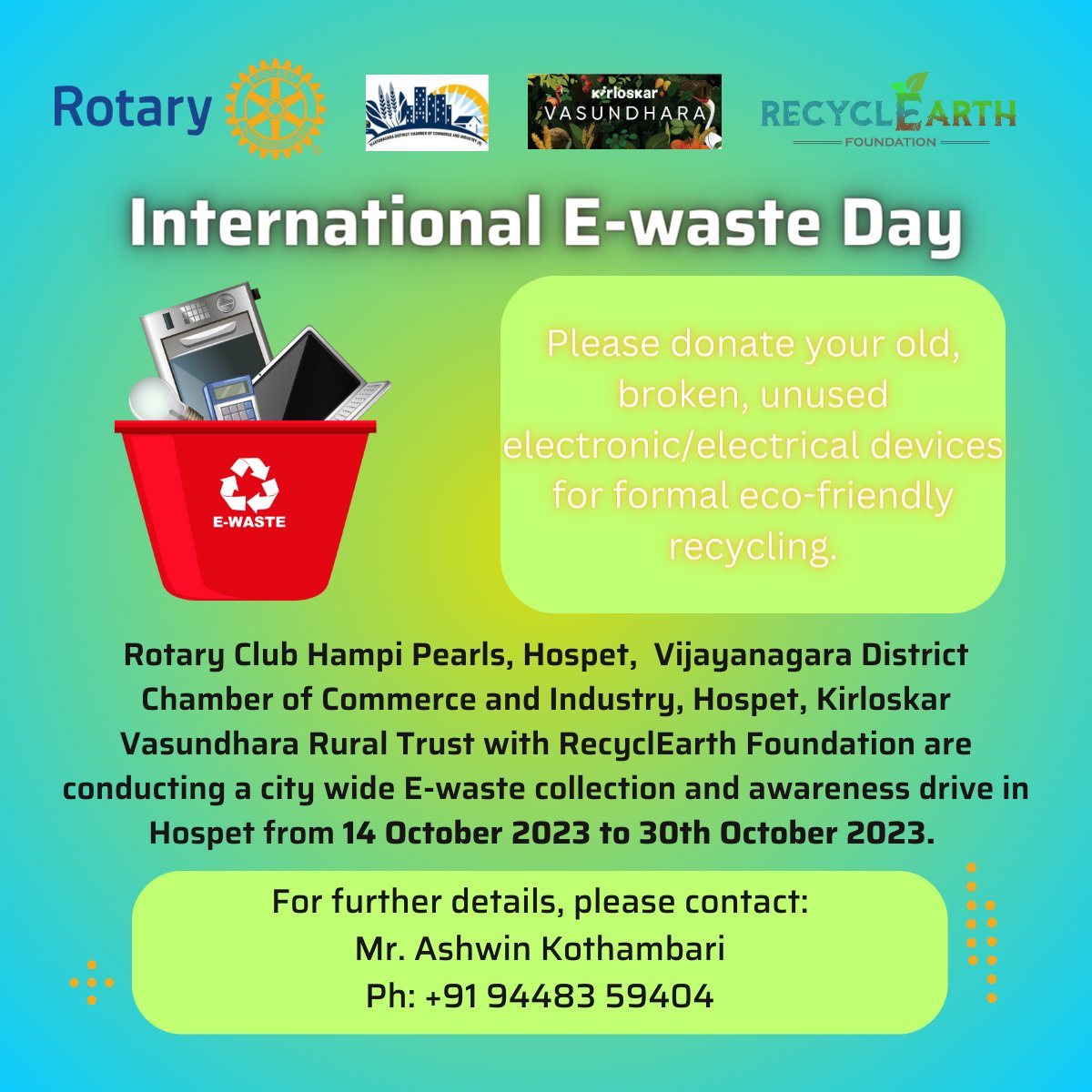 RecyclearthF's tweet photo. The 6th International E-waste day would be celebrated  with a two week collection and awareness drive. 
We request people from Vijayanagar District to donate their E-waste.  
This will help in promoting circular economy and sustainability https://t.co/er8hnurtg6