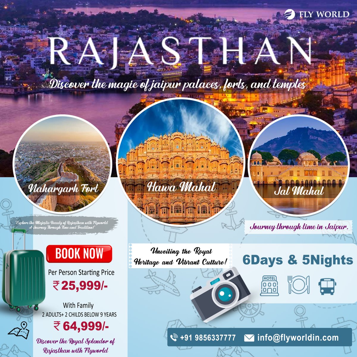 'Embark on a royal adventure through the enchanting land of Rajasthan with Flyworld!
𝐂𝐨𝐧𝐭𝐚𝐜𝐭 𝐔𝐬: +91 98563 37777 
#flyworld #ExploreRajasthan #rajasthan #tour #travel #offer #discount #special #jaipur #pinkcity #pinkcityjaipur #instagram #instagood