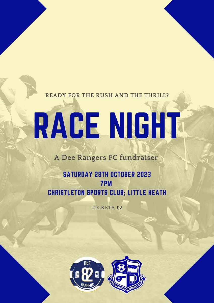 DeeRangers's tweet photo. Come and support the club, help us raise much needed funds to keep playing !! 

Tickets just £2!!
 
📅 Sunday 8th October 
📍 Christleton Sports Club
⌚ 7pm
🎟️ £2
🍺 BAR IS OPEN

✉️ DM for details https://t.co/AcCdsA7yCb