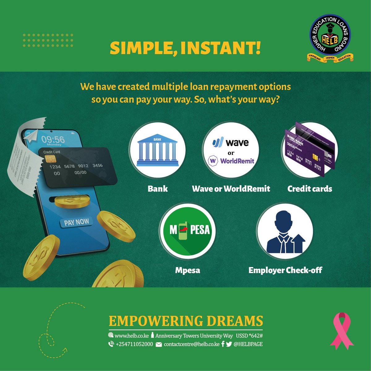 Popote ulipo, wakati wowote, #HELBLoan repayment has never been easier. Choose from our simple, convenient payment options and pay your way.
helb.co.ke/repay-loan/loc…