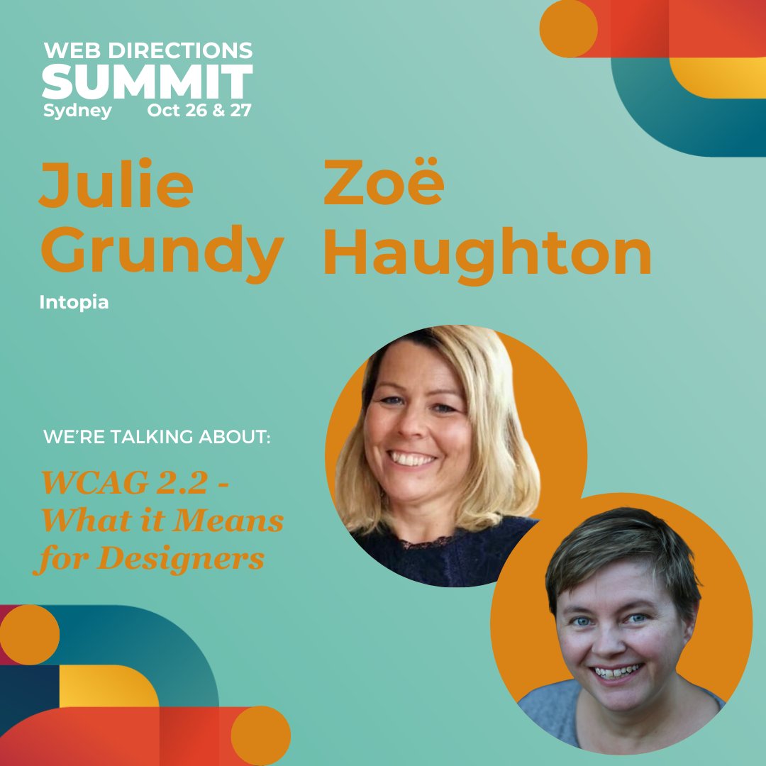 JulieG (@stringy) on Twitter photo WCAG version 2.2 has been released into the wild! If you're a designer, you can find out from me and <a href="/new_zoeland/">Zoë Haughton</a> how to start applying it in your work right now. We're speaking about it at <a href="/webdirections/">Web Directions</a> Summit in just (checks watch) 15 days! WCAG version 2.2 has been released into the wild! If you're a designer, you can find out from me and <a href="/new_zoeland/">Zoë Haughton</a> how to start applying it in your work right now. We're speaking about it at <a href="/webdirections/">Web Directions</a> Summit in just (checks watch) 15 days!