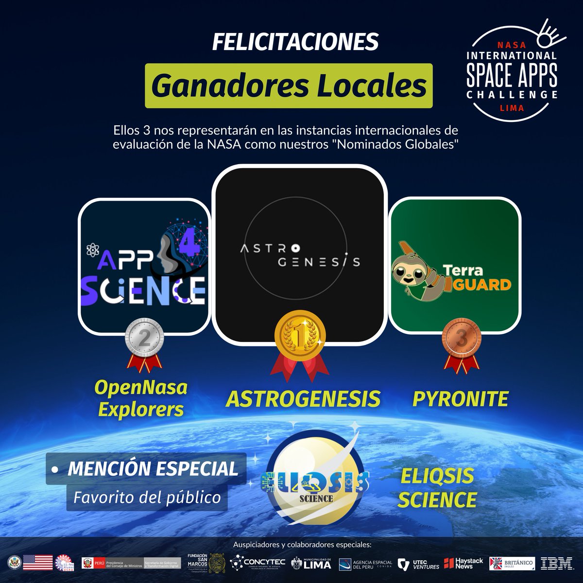 NASASpaceAppsPE's tweet photo. ¡FELICITACIONES A NUESTROS 3 EQUIPOS GANADORES LOCALES 🏆 Y AL EQUIPO MENCIÓN ESPECIAL 🏵️ DEL NASA SPACE APPS CHALLENGE LIMA, PERÚ 2023! 👏🎉 https://t.co/zuglAsxxy3