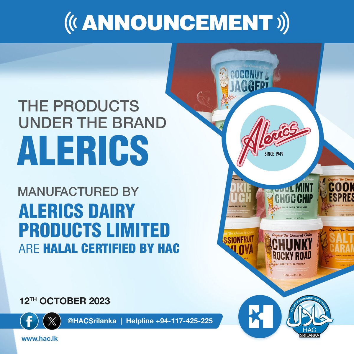 HACSriLanka's tweet photo. The products under the brand Alerics manufactured by Alerics Dairy Products Limited are halal certified by HAC.

#Alerics #HalalCertified https://t.co/XbyyicZBhf