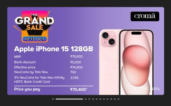Apply for HDFC TATA Neu Infinity Credit Card to get Apple iPhone 15 at ₹70,405 (Effectively) from Croma.

📌 ₹5,000 Instant Discount
📌 5% Neucoins = ₹3,745
📌 Extra 750 Neucoins using TATA Neu App

Apply: bit.ly/48Mycqv