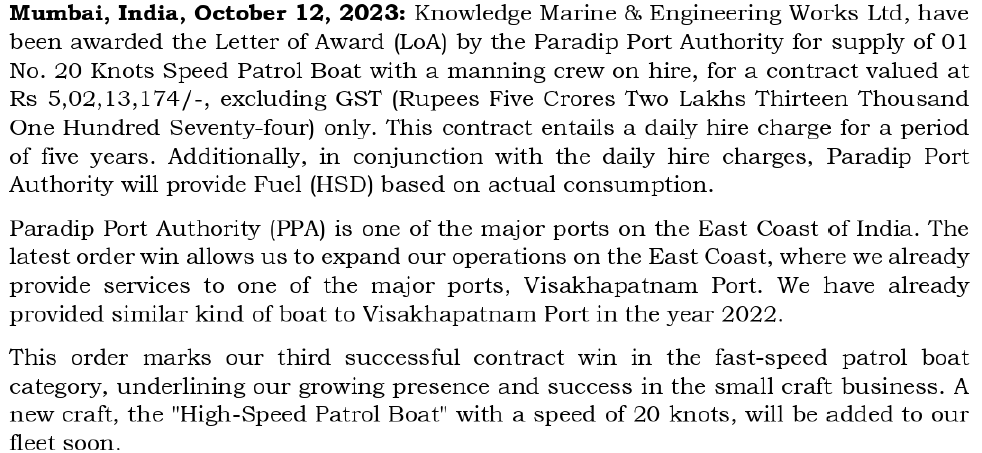 KnowledgeMarin1's tweet photo. From our latest press release about the new order from Paradip Port.

https://t.co/cRCfXO0IuP
#KMEW
#KnowledgeMarine https://t.co/0YZdrNwthO