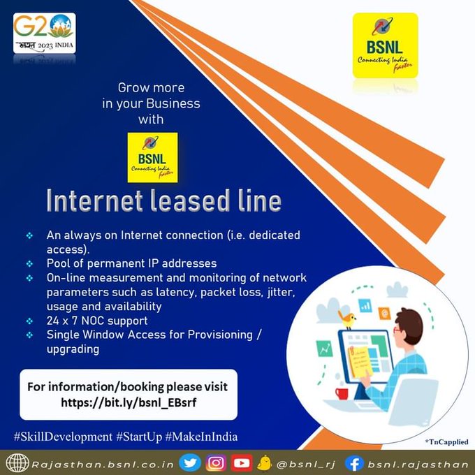 BSNL_RJ's tweet photo. Grow more with #BSNL !!! Subscribe for #BSNLEBServices #InternetLeasedLineService For more info/booking please visit https://t.co/enG0kOemZ5
#Entertainment #business #Banking #education #MakeInIndia #SkillDevelopment #BSNLRJ_EBServices
@bsnlcorporate https://t.co/O2cmqJDmtQ