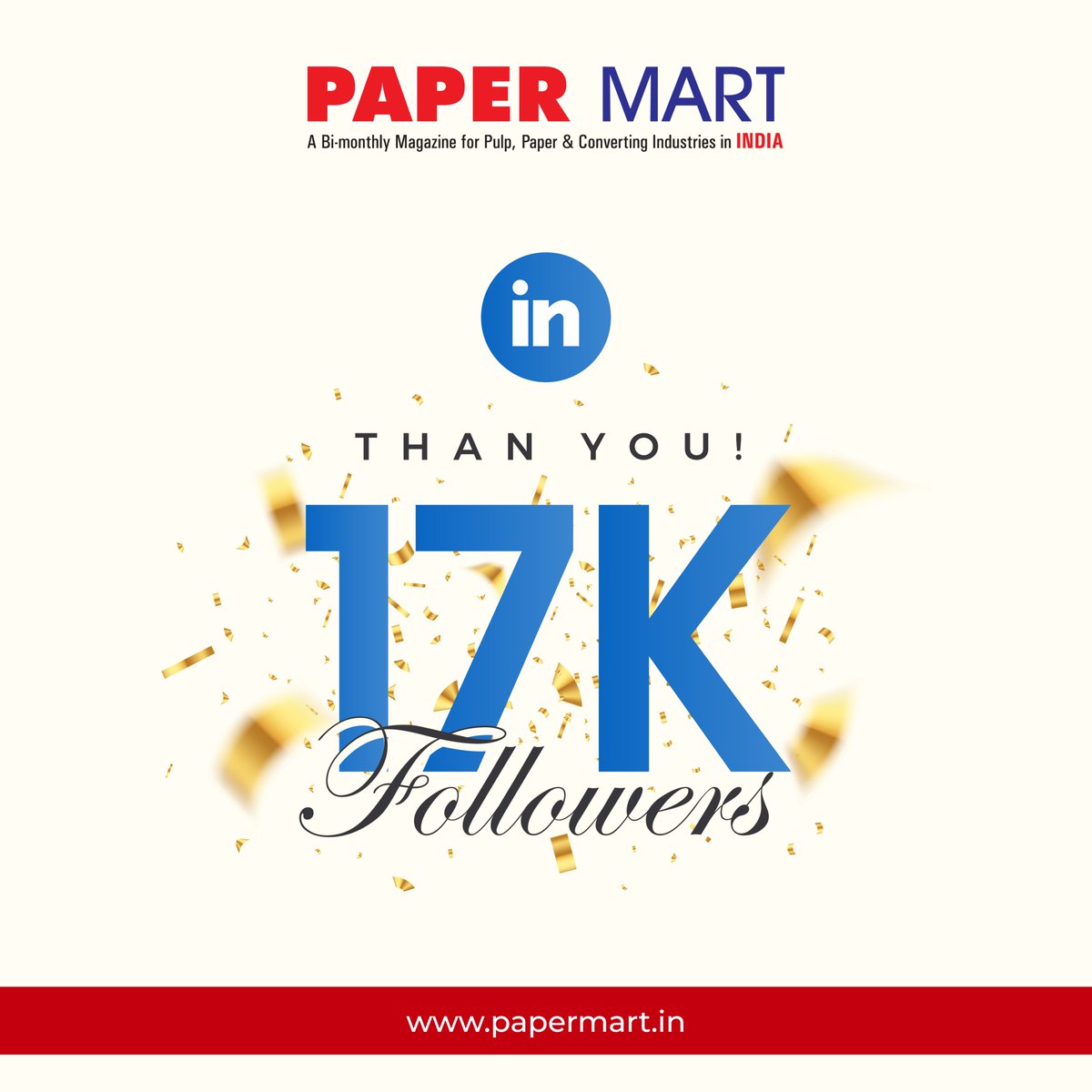 We are excited to share that @PAPERMART_ recently hit the 17000+ follower mark on our #LinkedInPage. 

Not a ‘follower’ yet? Join us Now on LinkedIn: linkedin.com/company/paper-…

#PaperMart #PaperMartIndia #Followers #LinkedinFollowers #PaperIndustry #IndustryNews #17K #PulpIndustry