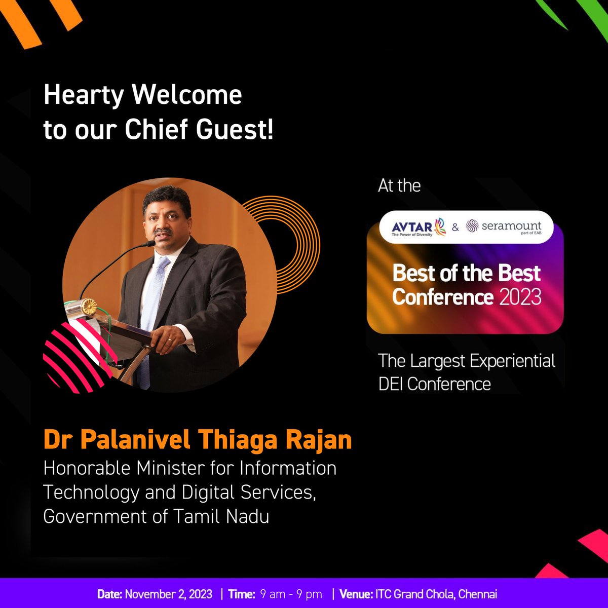 We are excited to welcome @ptrmadurai , Honorable Minister for Information Technology and Digital Services, Tamil Nadu Government, as the chief guest for the 2023 Best of the Best Conference. (1/3)