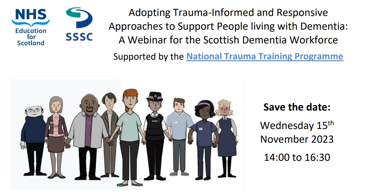 🗓️Save the date! NES are partnering with SSSC to host a webinar to explore #TraumaInformed and #TraumaResponsive approaches in #DementiaCare on 15th November! Find out more:
nes.scot.nhs.uk/media/2qwlquop…

Join us and be part of #TransformingPsychologicalTrauma

More details to follow!