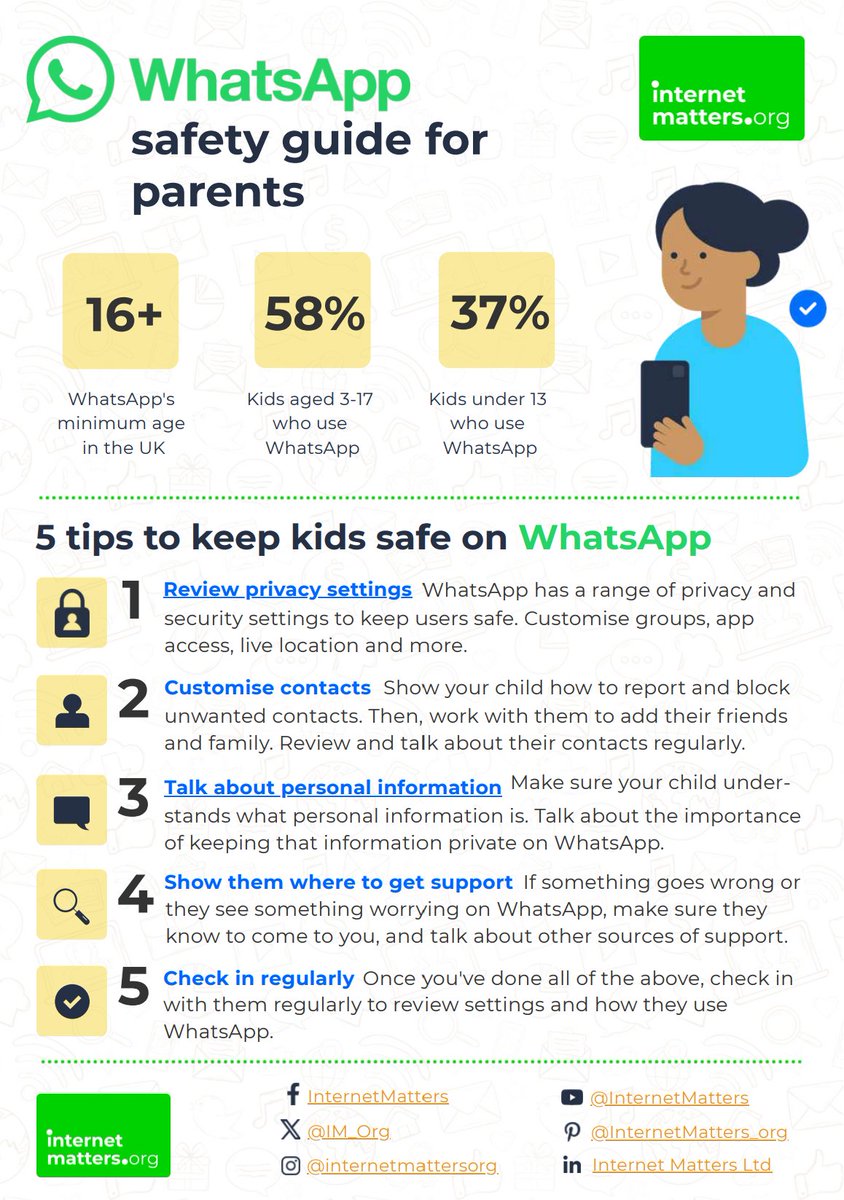 AndrewIChadwick's tweet photo. Most children with phones, have WhatsApp. If your child does, use this poster to help ensure that they use it safely. #esafety #InternetMatters #OnlineSafety https://t.co/gI9TTVkFRc