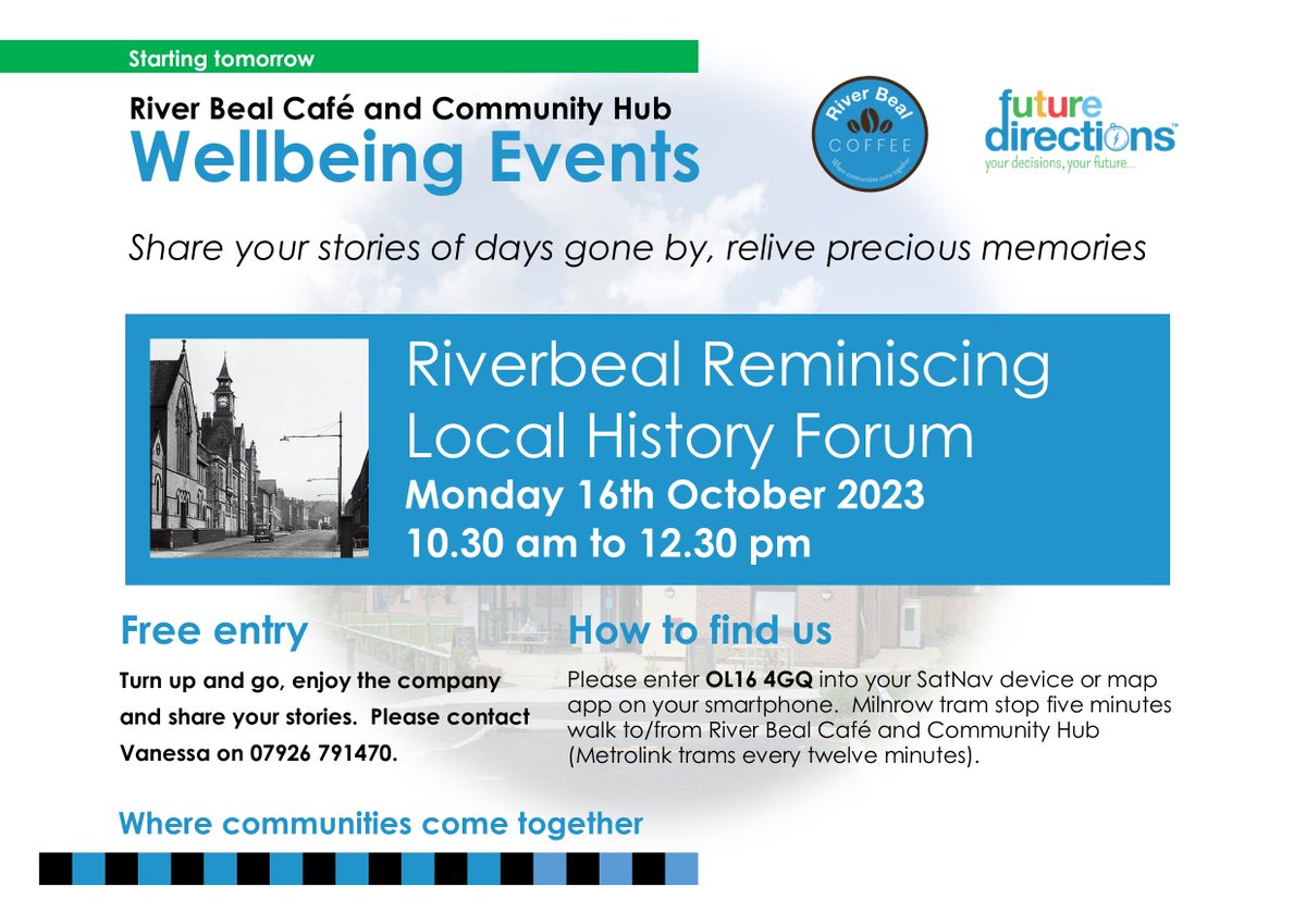 FDirectionsCIC's tweet image. New to @CafeBeal tomorrow is Riverbeal Reminiscing, our new local history group. Pop in tomorrow to share your memories of bygone times at 10.30 am. For more information, please contact Vanessa on 07926 791470.

#RiverbealReminiscing #Wellbeing #wellbeingtips #localhistory
