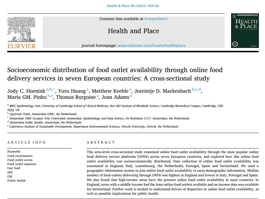 New paper exploring availability of online food delivery services in 7 Euro countries. UK has highest availability, in most countries there's more availability in more affluent areas. sciencedirect.com/science/articl…