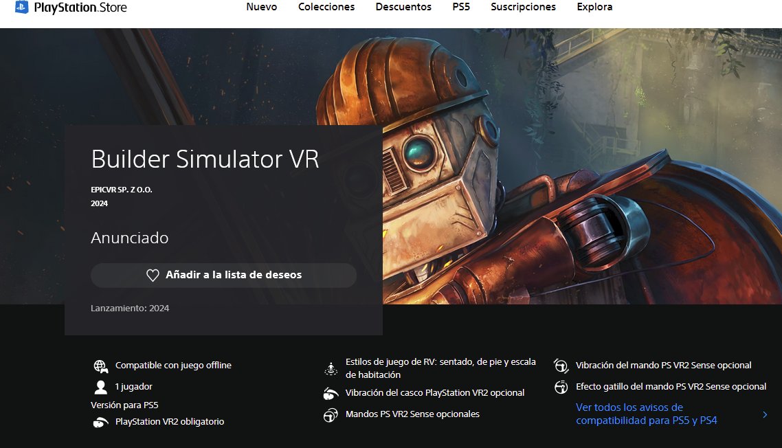 Max_Ledroom's tweet photo. #ÚLTIMAHORA:
Anunciado #BuilderSimulatorVR de @EPIC_VR_ para #PSVR2. Llegará en 2024 y ya puede añadirse a la lista de deseados de la #PlayStation Store. https://t.co/dRLuCE3NoT