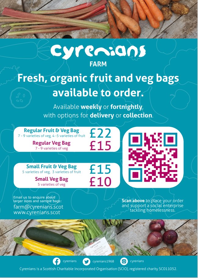 Cafe 1505 at Surgeons Quarter are proud to work with @Cyrenians1968 - order your fresh, organic fruit & veg bags online and collect from Cafe 1505. Sign up here for weekly/fortnightly subscription: cyrenians.scot/social.../cyre… Bags are delivered to Cafe 1505 on Wednesdays.