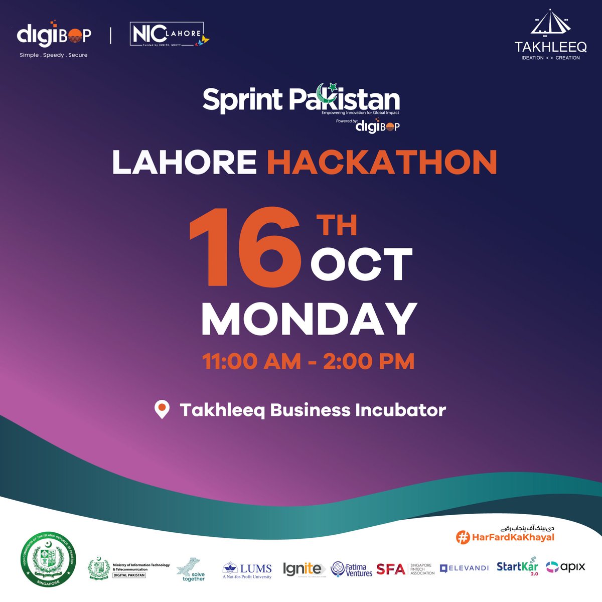 Don't miss out on the Sprint Pakistan Hackathon. Today's the deadline for your application: 12th October 2023. Get ready to showcase your innovative ideas and compete for cash prizes. Join us on the 16th October for an incredible event at Takhleeq Business Incubator UCP.