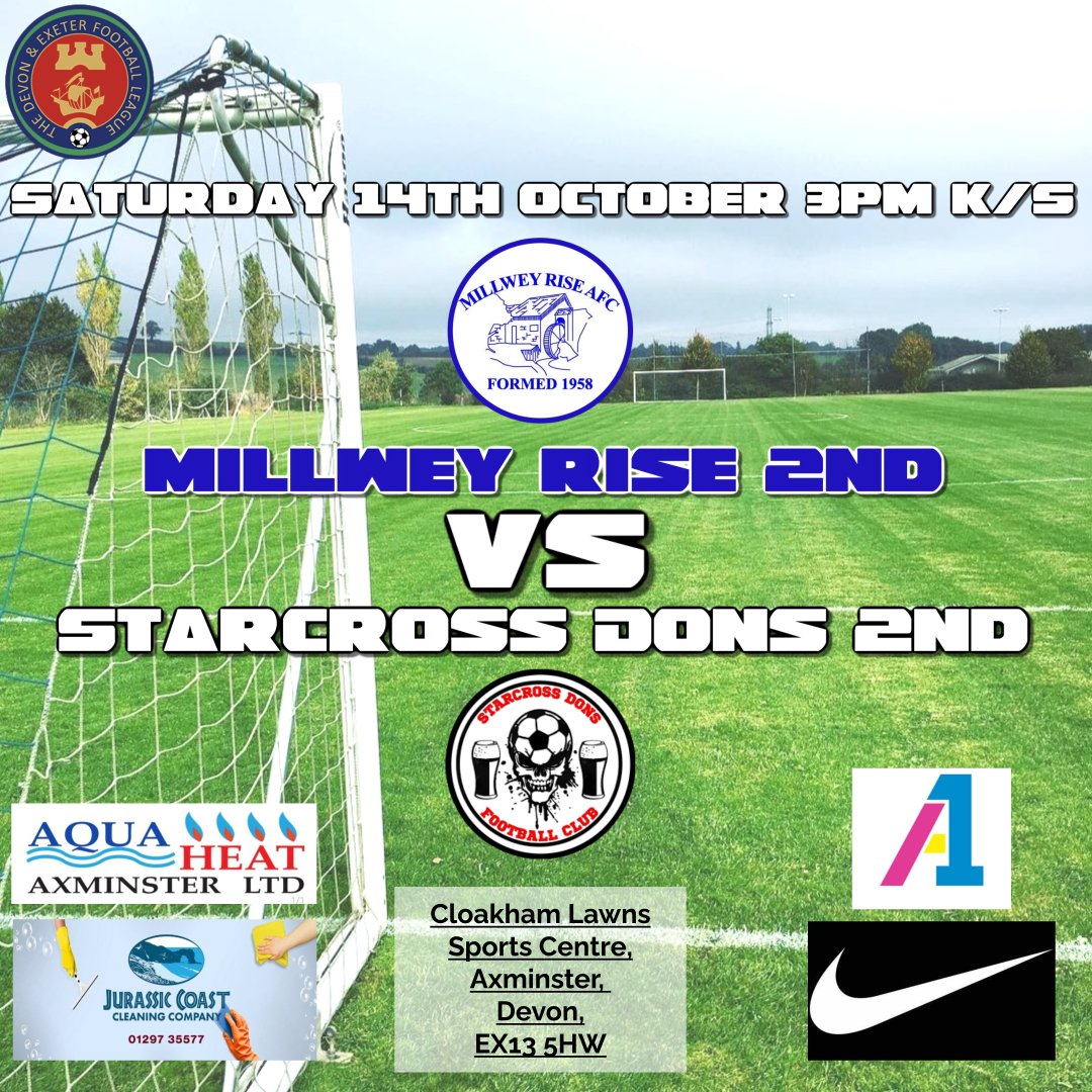 MillweyRiseAFC's tweet photo. This weekend sees only the reserves in action again as they host Starcross Dons at Cloakham Lawns.
3pm kick-off, Bar and tea hut will be open for refreshments. https://t.co/lkaktnkkOg