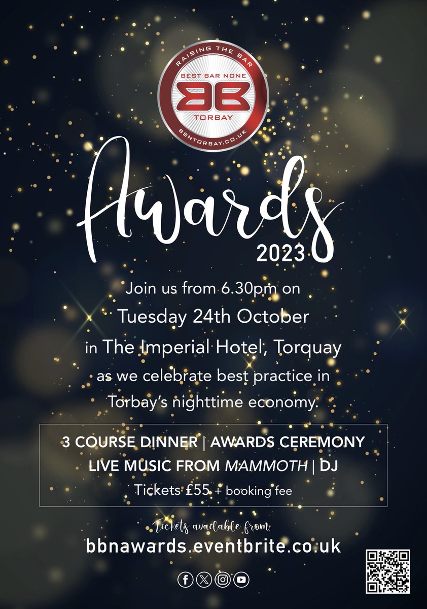 Less than 2 weeks to go until the <a href="/BestBarNoneTQ/">Best Bar None Torbay</a> Awards in <a href="/ImperialTorquay/">The Imperial Torquay</a> 🏆 

Join us for a drinks reception, 3 course dinner, awards ceremony, band and DJ <a href="/FutureMedia_/">Future Media</a> 🎉

Tickets and all info ⬇️

bbnawards.eventbrite.co.uk 🎟️