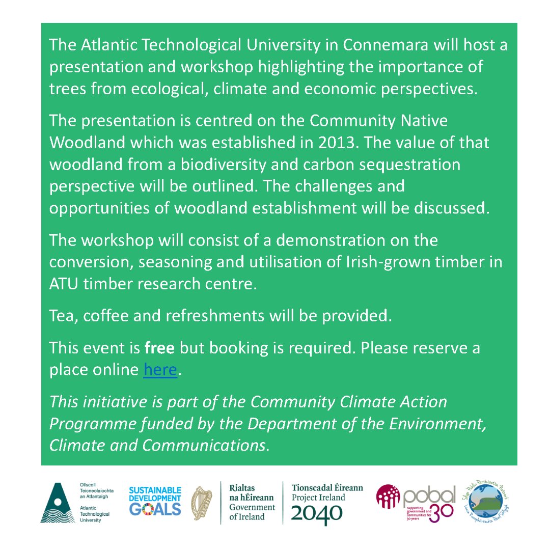 A Community #NativeWoodland Workshop will be hosted by @ATU_Connemara on 21/10

It will include a presentation & workshop highlighting the importance of trees from #ecological #climate & economic perspectives

➡️forms.office.com/e/xR8NBjrQ1W
#SligoPPN #ATUConnemara #ClimateAction