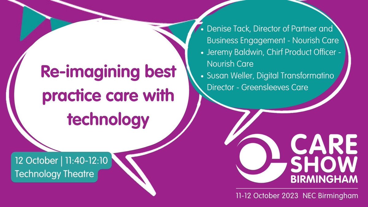CareShow's tweet image. Don&apos;t forget to join &quot;Re-imagining best practice care with technology&quot; at 11:40 in the Technology Theatre #CareShow2023