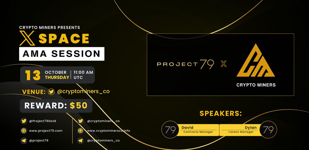 CryptoMiners_Co's tweet photo. 🎙️ Join us for the next 𝕏 Space #AMA with Project 79 

Discover a New Era of Gold Investments: Decentralised Peer-to-Peer Marketplace 

🕰️ 13th October at 11:00 AM UTC
🏆 Prize ~ 50$
🏘 Set reminder: https://t.co/l8zoXYZbDa

1⃣ Follow @Cryptominers_co & @Project79Gold
2⃣ Like & RT
3⃣ Comment Questions