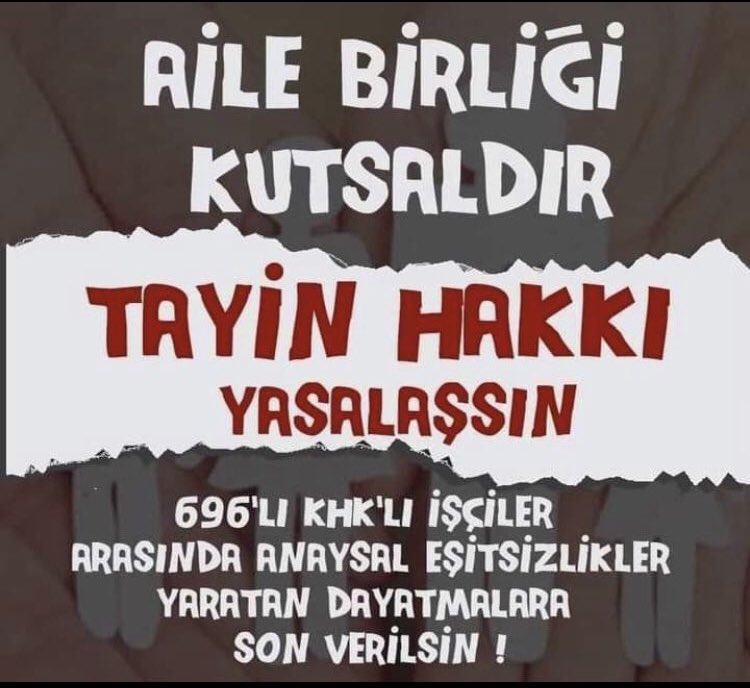 #696isciozlukhakkı aile bütünlüğünü için 4/D 696 KHK'lı işçiler eş durumundan tayin bekliyor sesimizi duyun lütfen değerli büyüklerimiz <a href="/RTErdogan/">Recep Tayyip Erdoğan</a> <a href="/Akparti/">AK Parti</a> <a href="/isikhanvedat/">Prof. Dr. Vedat Işıkhan</a> <a href="/omerrcelik/">Ömer Çelik</a> @ahmetzenbilci <a href="/KaramikSunay/">Sunay Karamık</a> <a href="/abdullahdogru01/">Abdullah Doğru</a> <a href="/farukaytek/">Faruk Aytek</a> <a href="/resulkurt34/">Doç. Dr. Resul Kurt</a> <a href="/AvOzlemZengin/">Av. Özlem Zengin 🇹🇷</a>