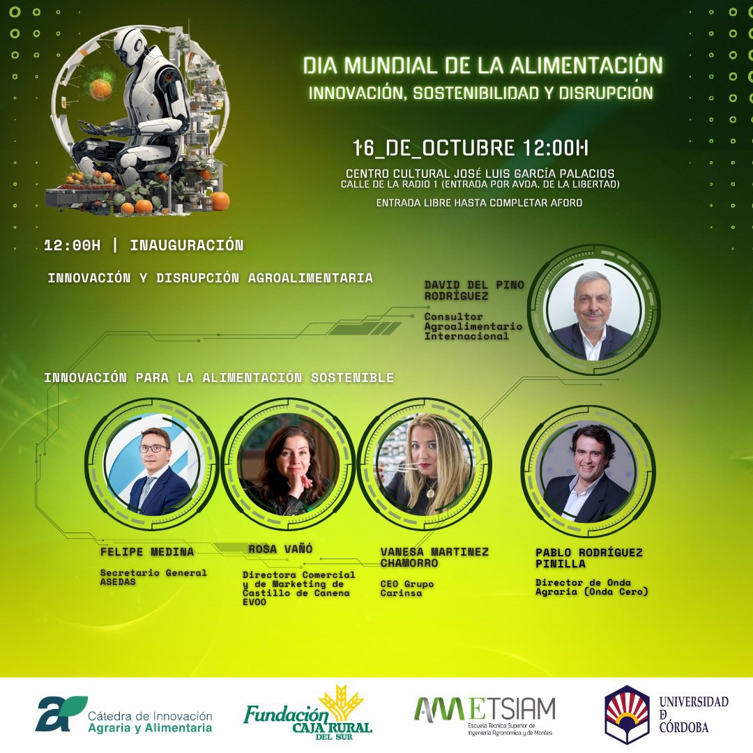 Cátedra de Innovación Agraria y Alimentaria - UCO (@catedrainnoagro) on Twitter photo Programa
12:00h | Inauguración
❇️ Innov. y Disrupción Agroaliment.
David Del Pino Rodríguez. Consultor
❇️ Innovación para la Alimentación Sostenible
<a href="/felipemedmar/">Felipe Medina</a> <a href="/ASEDAS_ORG/">ASEDAS Supermercados</a>
Rosa Vañó <a href="/CastillodCanena/">Castillo de Canena</a>
Vanesa Martinez <a href="/Grupo_CARINSA/">Grupo Carinsa</a>
Modera: Pablo Rodríguez <a href="/ondaagraria/">Onda Agraria</a> Programa
12:00h | Inauguración
❇️ Innov. y Disrupción Agroaliment.
David Del Pino Rodríguez. Consultor
❇️ Innovación para la Alimentación Sostenible
<a href="/felipemedmar/">Felipe Medina</a> <a href="/ASEDAS_ORG/">ASEDAS Supermercados</a>
Rosa Vañó <a href="/CastillodCanena/">Castillo de Canena</a>
Vanesa Martinez <a href="/Grupo_CARINSA/">Grupo Carinsa</a>
Modera: Pablo Rodríguez <a href="/ondaagraria/">Onda Agraria</a>