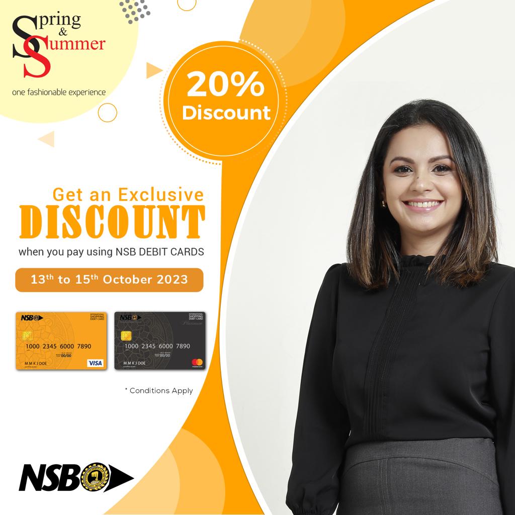 NSBSLOfficial's tweet image. Enjoy 20% off @ Spring &amp;amp; Summer with NSB Debit Cards
T&amp;amp;C Apply: rb.gy/aivno

#onlineshopping #springandsummer #shoppingtime #NSB #nsbcards #Mastercard #visa