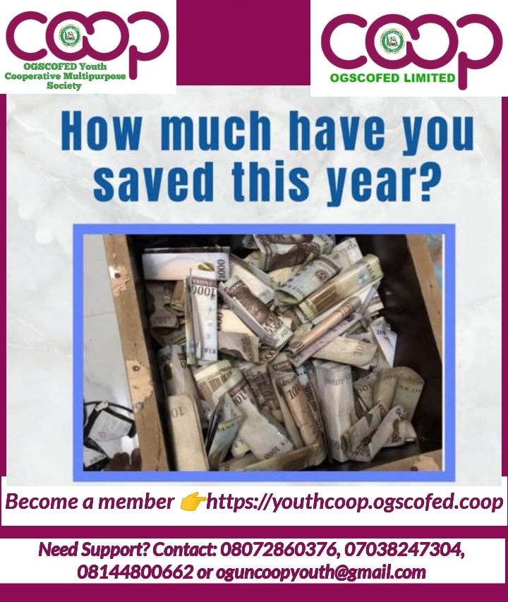 You planned to save more this year.

How much have you saved this year?

You can still achieve your goals this year!

Start SAVING now 👉 youthcoop.ogscofed.coop/account/regist…

#WeAreCoops #CoopYouth #Goals #finances

#Repost 
<a href="/CooperatorNews/">theCooperator News</a> | <a href="/coopnews_com_ng/">COOPNEWS.com.ng</a> | <a href="/ICA_AFRICA1/">International Cooperative Alliance - Africa</a> | <a href="/icacoop/">International Cooperative Alliance</a>