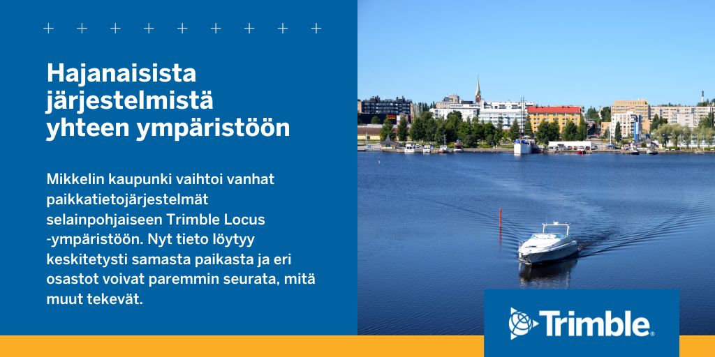 TrimbleJulkisha's tweet photo. Mikkelin kaupunki haki kokonaisvaltaista ratkaisua, joka tarjoaa oikeat palikat sen tekemiin toimintoihin. Hajanaiset jÀrjestelmÀt vaihdettiin yhteen selainpohjaiseen Trimble Locus -ympÀristöön. Lue koko juttu: https://t.co/zlB8Y0uaYO #trimble #trimblelocus https://t.co/hoJ9fX46Di