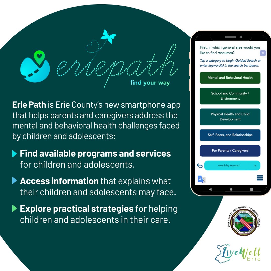 Have a child dealing with mental health issues? If so, let Erie Path help you find your way. #EriePath is a 'one stop-shop' app to learn about all of the mental health resources available locally for your specific need. Learn more and download today: www3.erie.gov/mentalhealth/e…
