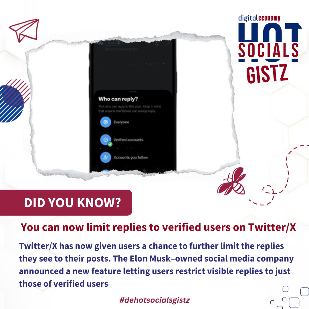 TheDEMag_'s tweet photo. Today on DE Hot Social Gistz, did you know that you can now limit replies to verified users on Twitter/X 🤔
-
What's your take on this?🤔
-
-
#dehotsocialsgistz #verifiedusers https://t.co/1dtgT9rLVP