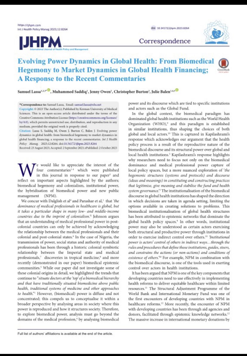 Excited to share our latest paper in @IJHPM on power dynamics in Global Health @misaddiq @Ju_B81. Many thanks to @veena_sriram @Ra_Parashar @Sarah_Dlish @AKapilashrami Garrett Wallace for all your insightful and engaging commentary papers on this topic.
ijhpm.com/article_4503_9…