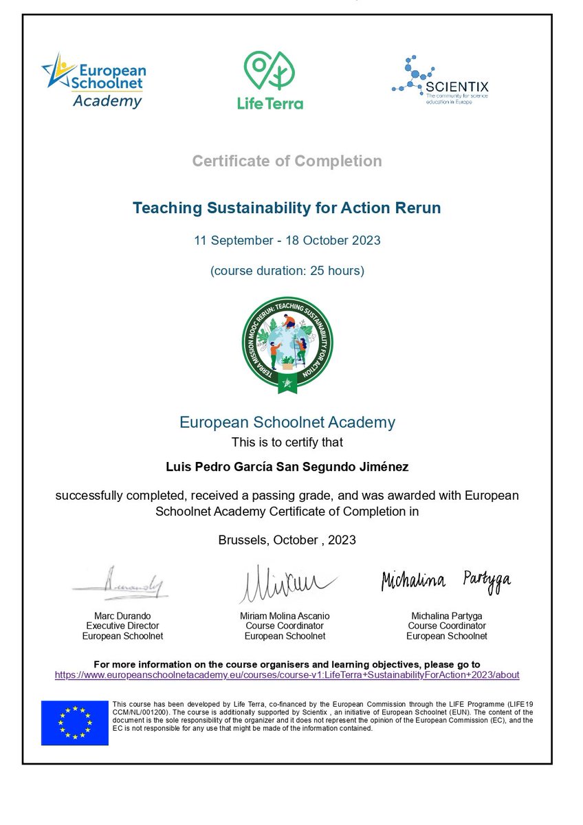 BiotecnoProfe's tweet image. Thrilled to complete the game-changing ᴍᴏᴏᴄ: ᴛᴇᴀᴄʜɪɴɢ sᴜsᴛᴀɪɴᴀʙɪʟɪᴛʏ ғᴏʀ ᴀᴄᴛɪᴏɴ! 🌏 

Ready to inspire eco-conscious leaders in my classroom. 🌍📚 #TerraMissionMOOC #SustainabilityEducation #EducatorsForChange @EuropeanSchoolnet @scientix_eu @LIFETerraEurope