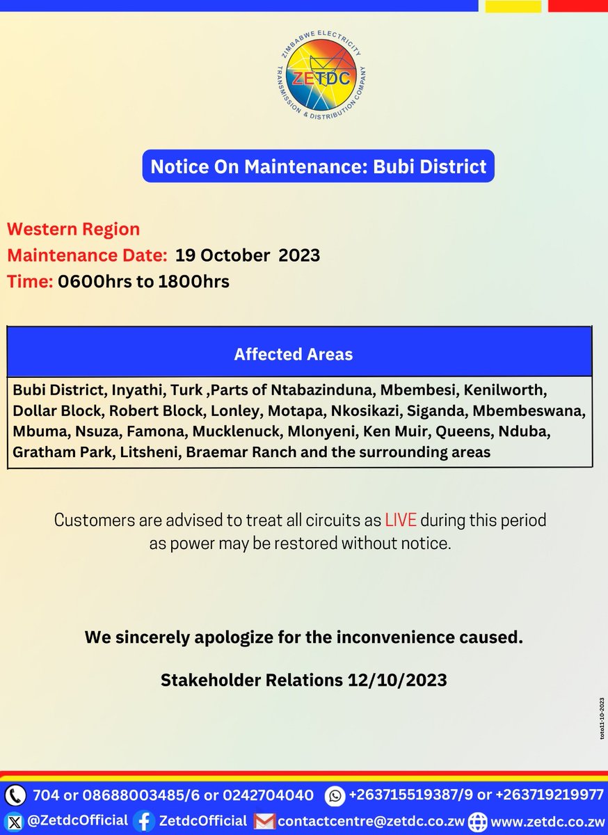 AsterXe_dex's tweet photo. #NoticeOnMaintenance  #BubiDistrict
Western residents in the mentioned areas kindly take note. 
@HeraldZimbabwe https://t.co/LN468gNO7l