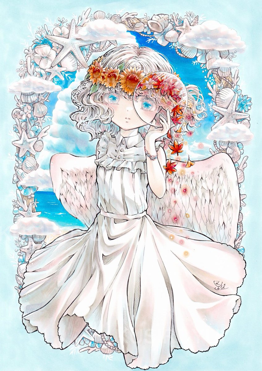 1girl wings dress white dress solo blue eyes head wreath  illustration images