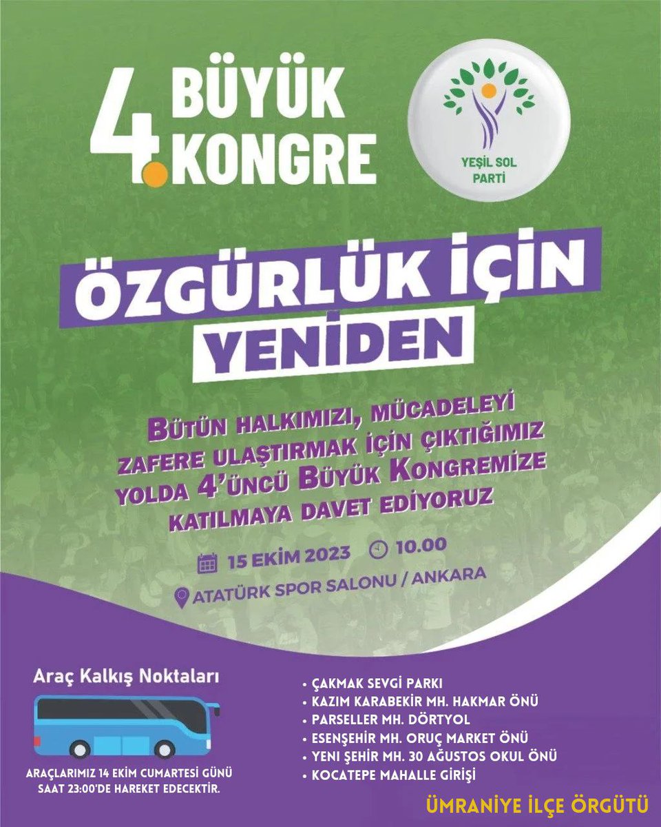 YesilsolUmr's tweet photo. Tüm halklarımızı, mücadeleyi zafere ulaştırmak için çıktığımız yolda 4. Büyük Kongremize katılmaya davet ediyoruz.

🗓️15 Ekim 2023
⏱️10:00
📍Atatürk Spor Salonu/Ankara
Araç kalkış noktalarımız 👇 https://t.co/dZPwkRvzc8