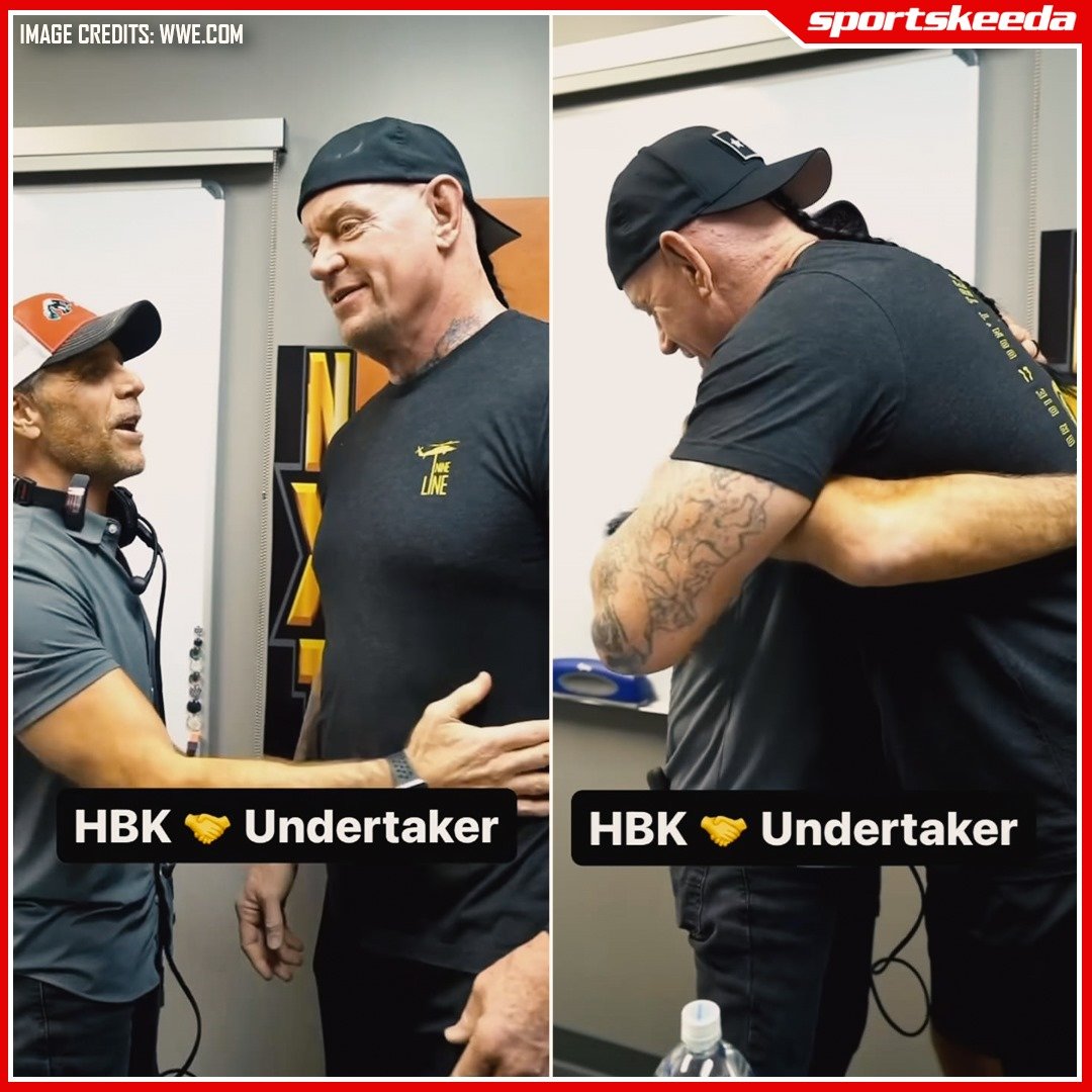 Two of the greatest rivals hugging it out backstage at #WWENXT! 🫂 #WWE #ShawnMichaels #Undertaker @ShawnMichaels @undertaker