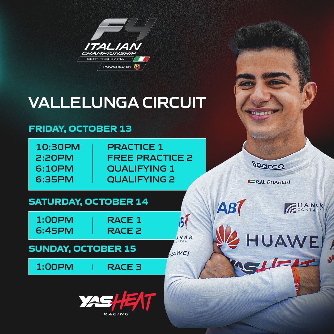 YASHeatRacing's tweet image. Back on track this weekend as @aldhaherirashid gets ready to take on the final round of the @CIFormula4!🔥

Here's the schedule for Round 7. Good luck Champ. Let's finish this season strong! 💪

#YasHeatRacing #F4Italy #ICF4