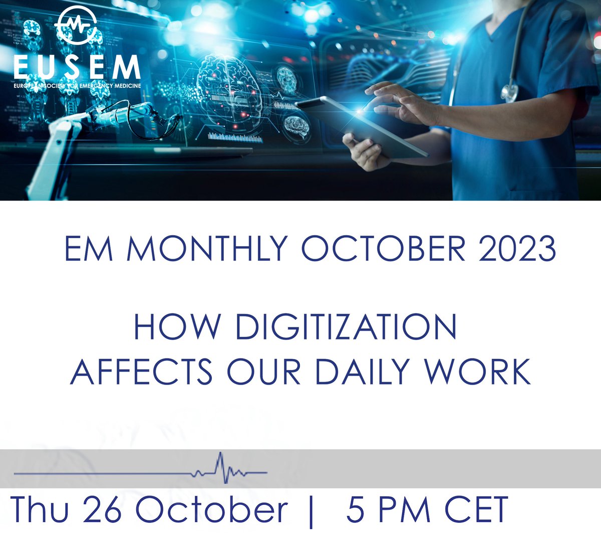How is digitization changing the way you work as an Emergency Medicine professional? Don't stay behind and update your skills. REGISTER for this FREE webinar 👉 eusem.org/home/em-monthl… #EUSEM #EmergencyMedicine #paramedics #nurses #doctors #EUSEM2023 #HealthTech