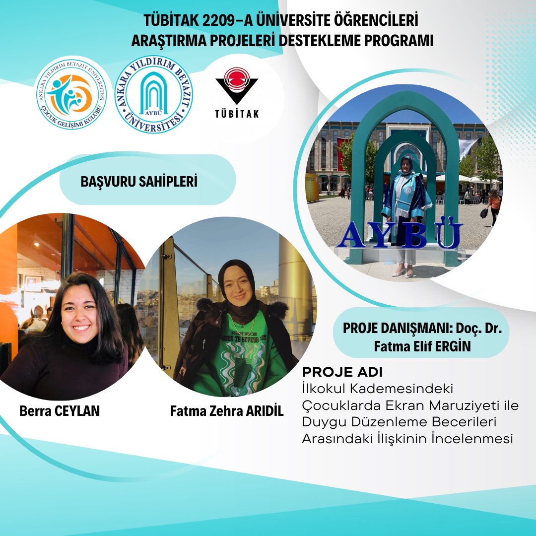 Çocuk Gelişimi Bölüm Başkanı Doç. Dr. Fatma Elif ERGİN'in danışmanlığında, öğrencilerimiz Berra CEYLAN ile Fatma Zehra ARIDİL tarafından hazırlanan çalışma TÜBİTAK 2209-A Üniversite Öğrencileri Araştırma Projeleri Destekleme Programı kapsamında desteklenmeye hak kazanmıştır.