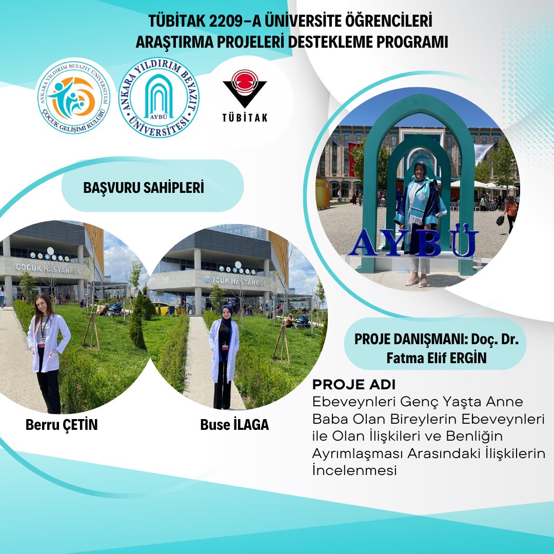 Çocuk Gelişimi Bölüm Başkanı Doç. Dr. Fatma Elif ERGİN'in danışmanlığında, öğrencilerimiz Berru ÇETİN ile Buse İLAGA tarafından hazırlanan çalışma TÜBİTAK 2209-A Üniversite Öğrencileri Araştırma Projeleri Destekleme Programı kapsamında desteklenmeye hak kazanmıştır.